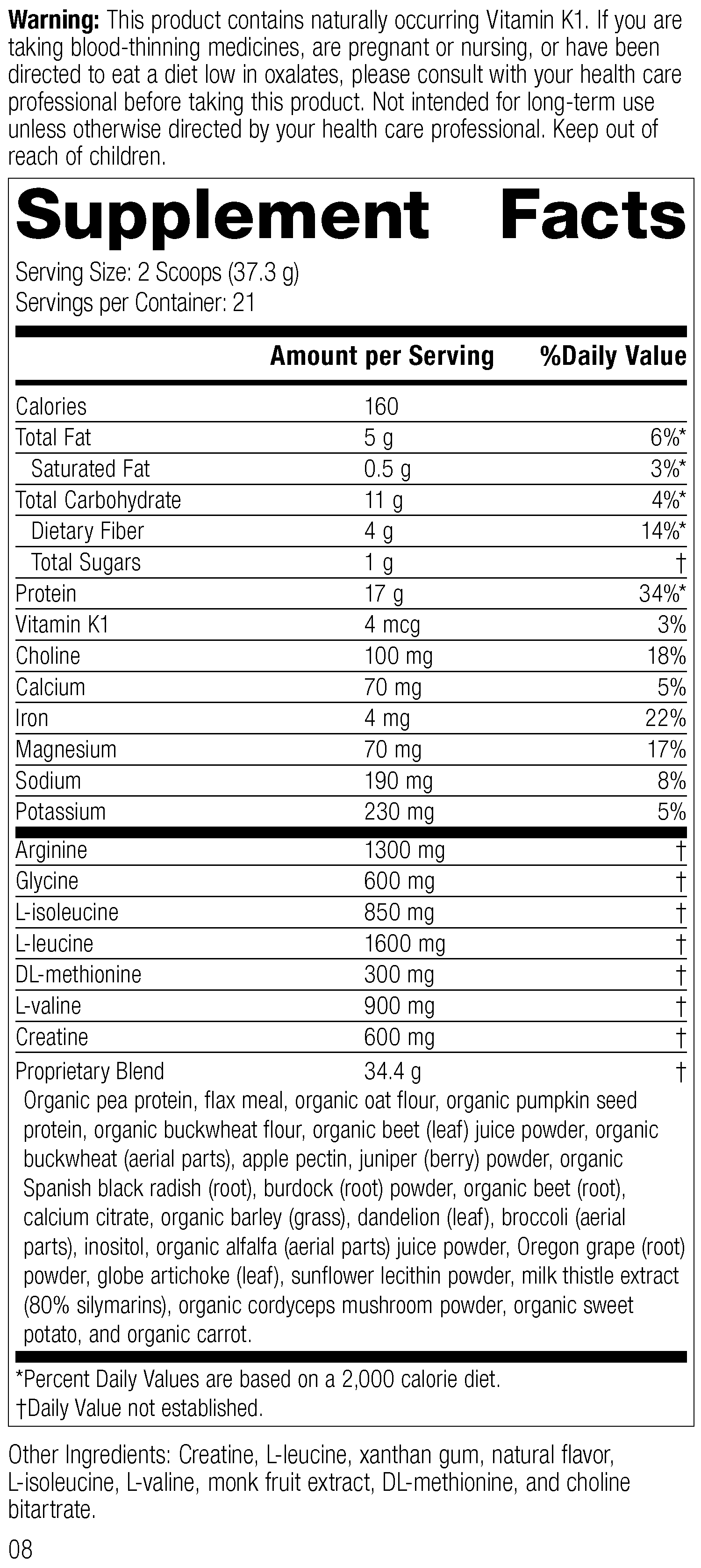 SP Detox Balance™ Chai, 27.6 oz., Rev 07 Supplement Facts