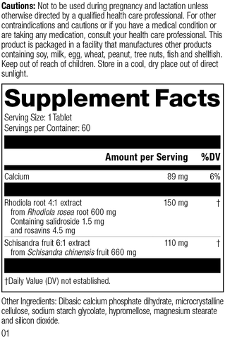 L1800 Rhodiola Schisandra R01 Supplement Facts Label