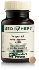 A bottle of MediHerb® Tongkat Ali, a testosterone support supplement for older men, next to a tablet of the supplement.