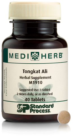 A bottle of MediHerb® Tongkat Ali, a testosterone support supplement for older men, next to a tablet of the supplement.