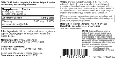 Ultra K2 (Menatetrenone) 15 mg 90 Caps by Klaire Labs